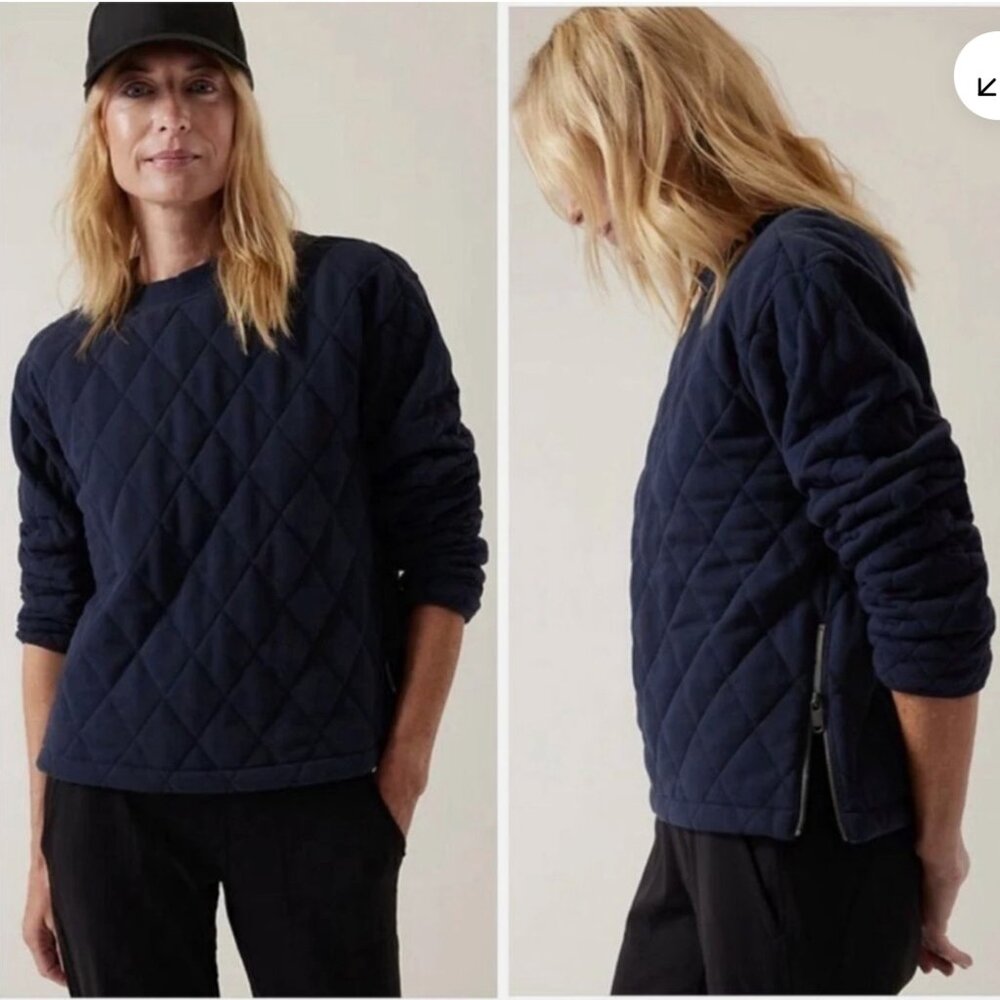 Athleta Retroplush Quilted Crewneck Navy Blue Long Sleeve Sweatshirt Size Large